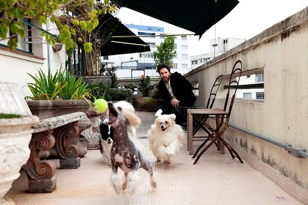 No terraço, Alexandre brinca com os cães do casal.