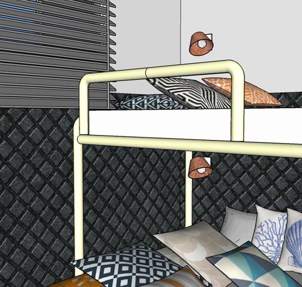 Luminárias iguais e pequenas instaladas na parede lateral ou até na parede da cabeceira são ideais para leitura e não atrapalham o sono do irmão instalado na outra cama
