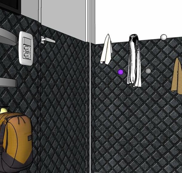 Ganchos em forma de bola, sob a prateleira e atrás da porta, que podem ser feitos em cimento em casa mesmo, apoiam mochilas e casacos