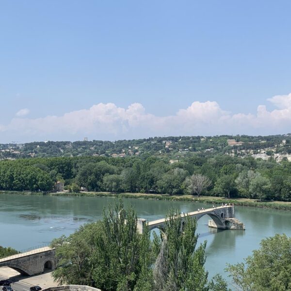 O rio Ródano que conta com a ponte Saint-Bénézet, super bonita e aqui vista do Jardin des Doms